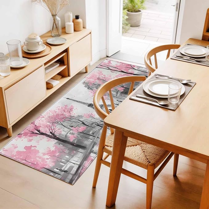 Runner Rug for Bedroom Hallway, Vintage Towel Couple Pink Flower Kitchen Runner Rugs Area Rug 2x6ft, Watercolor Modern City Scene Washable Soft Floor Carpet for Entryway Stair