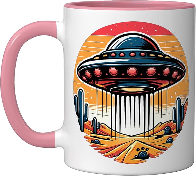 Retro UFO Desert Abduction Scene | Vintage Sci-Fi Ceramic Mug, Pink/White