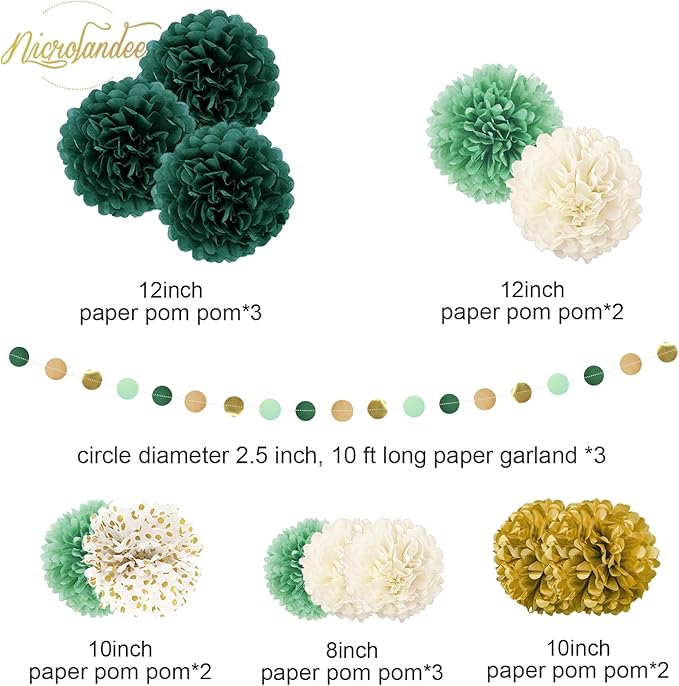 NICROLANDEE Green Wedding Party Decorations - 15 PCS Green Tissue Paper Pom Poms, Dots Paper Garland for Neutral Baby Shower, St. Patrick's Day Party, Birthday, Bridal Showers, Rustic Wedding Decor