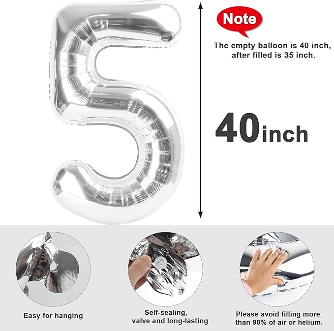 Balloon Numbers 40 Inch 5 Ballon for 5th Birthday Decorations, 15 25 35 50 Big Silver Number Balloons for Wedding Photo Shoot Party Decor