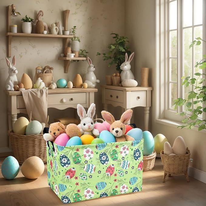 Kid Large Empty Easter Basket Personalized Fabric Easter Basket for Boy and Girl (Easter Egg Green Background)
