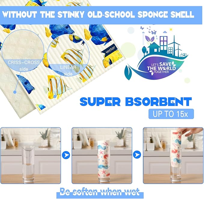 6 Pieces Ocean Swedish Kitchen Dish Towels Ocean Kitchen Cloths Reusable Sponge Cleaning Absorbent Dish Cloth No Odor Hand Towel Quick Drying Washable Cleaning Wipes