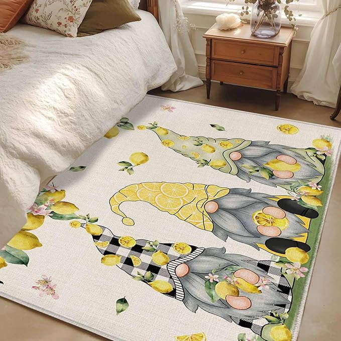 Area Rug 4x6ft, Summer Gnome with Lemon Washable Rugs for Living Room Bedroom, Farmhouse Dwarf Fruit on Linen Soft Non-Slip Area Rugs Rectangle Floor Carpet for Dining Room