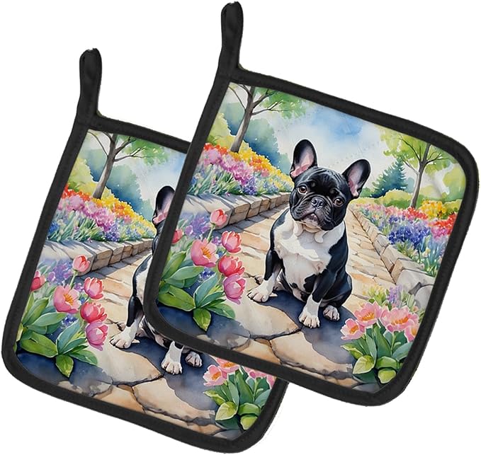 Caroline's Treasures French Bulldog Spring Path Pair of Pot Holders Kitchen Heat Resistant Pot Holders Sets Oven Hot Pads for Cooking Baking BBQ, 7 1/2 x 7 1/2