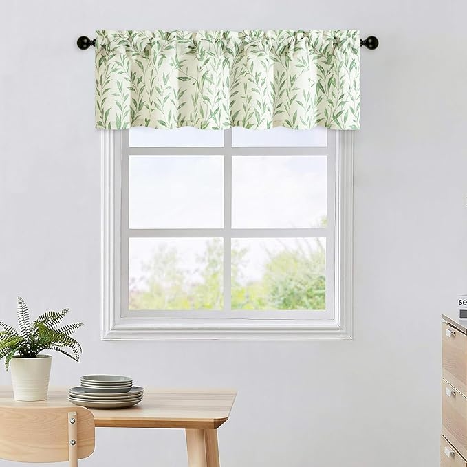 Leeva Windows Valances for Bathroom - Farmhouse Leaves Print Thermal Insulated Short Curtains for Bedroom & Kitchen, 52 x 12, Green, One Panel