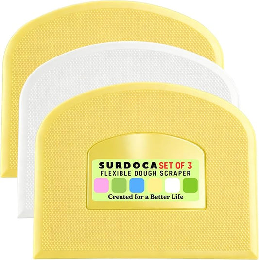 SURDOCA Dough Scraper Bench Scraper - 3P 10.6x6.7" Plastic Flexible Bowl Scraper, Sharp Edge & Angles Cake Scraper. Non-Slip Bakeware Decorating Tools Sculpting & Modeling Tools - Yellow+White+Yellow