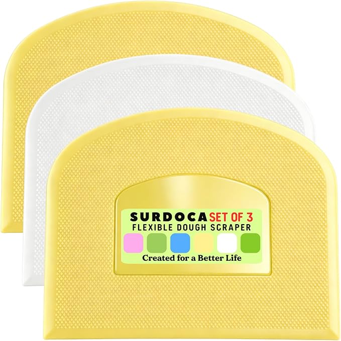 SURDOCA Dough Scraper Bench Scraper - 3P 8.3x5.5" Plastic Flexible Bowl Scraper, Sharp Edge & Angles Cake Scraper. Non-Slip Bakeware Decorating Tools Sculpting & Modeling Tools - Yellow+White+Yellow