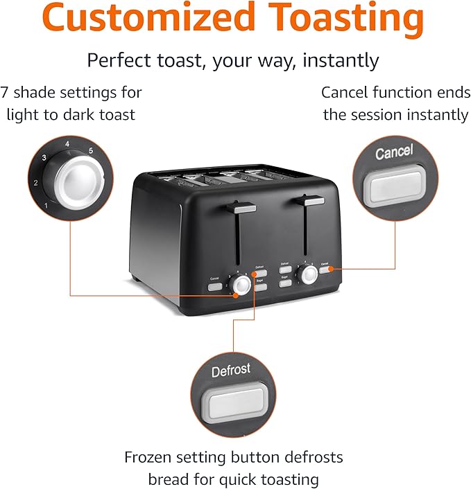 Amazon Basics 4 Slice Toaster, 7 Browning Settings, Extra Wide Slots for Bagels and Specialty Breads, Removable Crumb Tray, Cancel/Defrost/Bagel Buttons, 1500W, Black & Silver