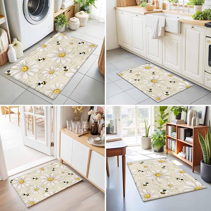 Area Rug 2x3ft, Retro Watercolor White Floral Bee Washable Rugs for Living Room Bedroom, Summer Daisy Letter Texture Soft Non-Slip Area Rugs Rectangle Floor Carpet for Dining Room