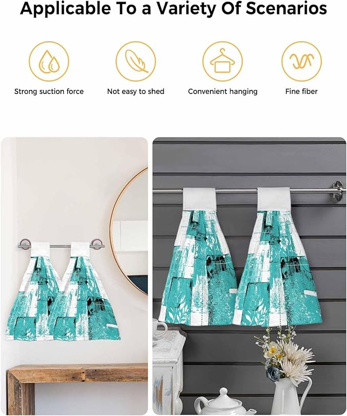 Alandar Home Kitchen Tie Towel Set of 1, Boho Abstract Geometric Texture Absorbent Soft Hand Towels for Bathroom Hanging Towels, Summer Leaves Turquoise Fast Drying Cleaning Cloth with Loop