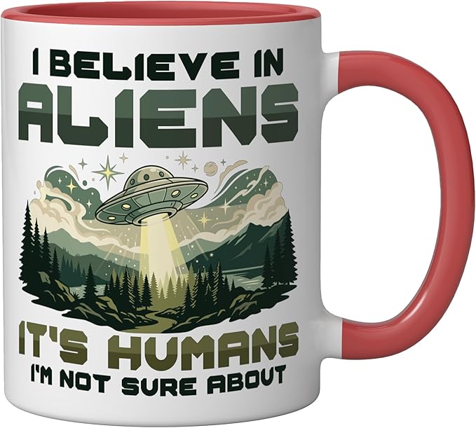Alien Believer UFO Extraterrestrial Space Lover Ceramic Mug, Red/White