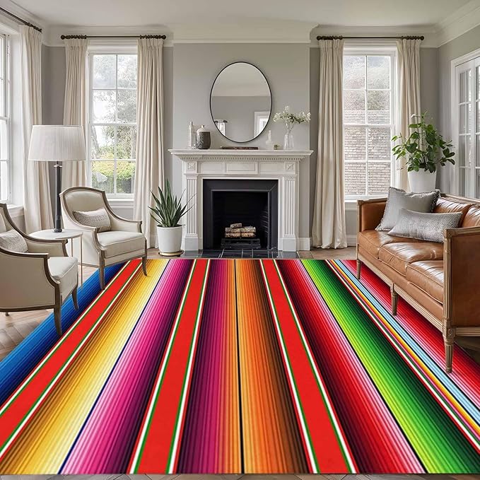 Area Rug 9x12ft, Mexican Stripes Vintage Boho Washable Rugs for Living Room Bedroom Rectangle Floor Carpet, Native American Stripe Soft Non-Slip Area Rugs for Dining Room