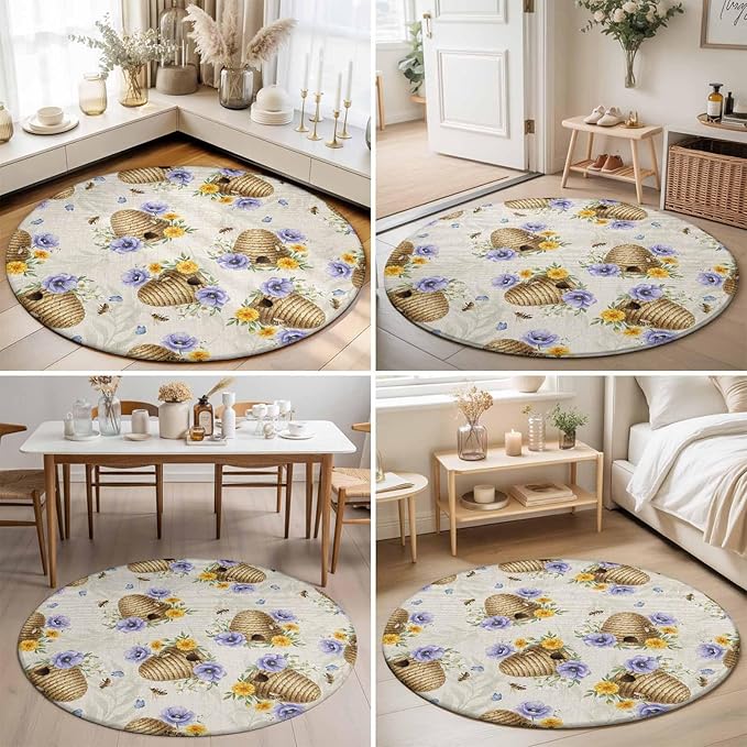Washable Round Area Rug Garden Beehives Honeybees Circle Rugs Floor Carpet for Living Room Bedroom, Country Purple Floral Soft Non Slip Round Rug 3ft