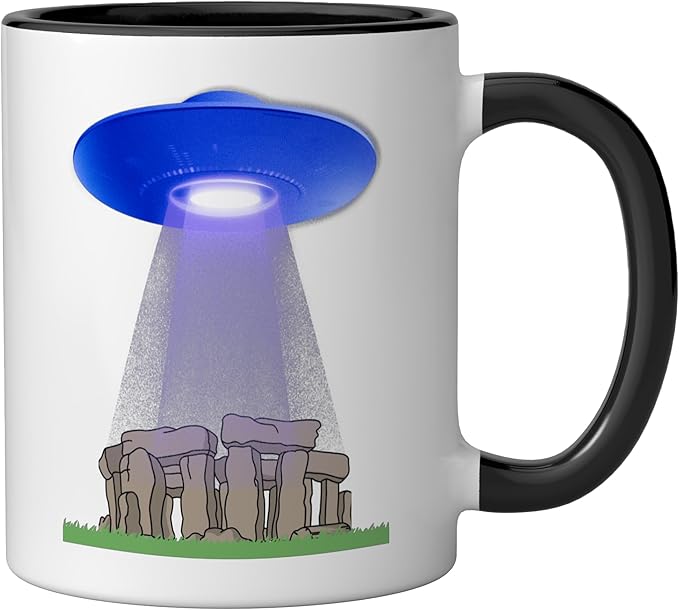 Funny UFO Stonehenge mystery stone circle flying saucer Ceramic Mug, Black/White