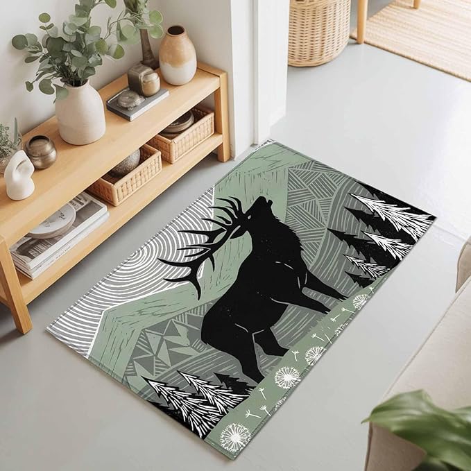 Area Rug 2x3ft, Black Wildlife Elk Washable Rugs for Living Room Bedroom, Bohemian Green Mountain Peaks Soft Non-Slip Area Rugs Rectangle Floor Carpet for Dining Room