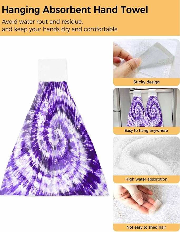 Alandar Home Kitchen Tie Towel Set of 1, Purple White Spiral Tie Dye Art Absorbent Soft Hand Towels for Bathroom Hanging Towels, Ethnic Hippie Pattern Fast Drying Cleaning Cloth with Loop