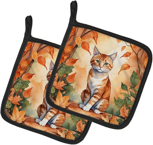 Caroline's Treasures Suphalak Cat in Fall Leaves Pair of Pot Holders Kitchen Heat Resistant Pot Holders Sets Oven Hot Pads for Cooking Baking BBQ, 7 1/2 x 7 1/2