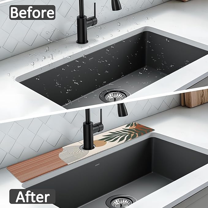 2PCS 24" X 5.5" Kitchen Sink Splash Guard Faucet Mat Boho Super Absorbent Fast Drying Faucet Guard & Draining Mat Sink Splash Guard Behind Faucet for Kitchen, Bathroom