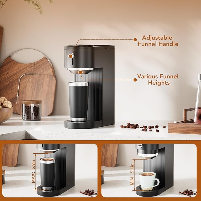 Single Serve Coffee Maker – Brew with Coffee Pods & Grounds, Compatible with Kcup Coffee Pods, Small Sizes Up to 6 8 10 12 14 Oz, 14 Oz Water Reservoir, Easy to Clean for Office Travel Home, Black