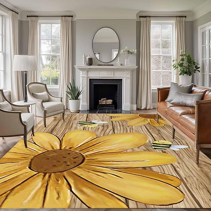 Area Rug 9x12ft, Summer Yellow Bee Blossom Flower Washable Rugs for Living Room Bedroom Rectangle Floor Carpet, Retro Rustic Brown Wood Board Soft Non-Slip Area Rugs for Dining Room