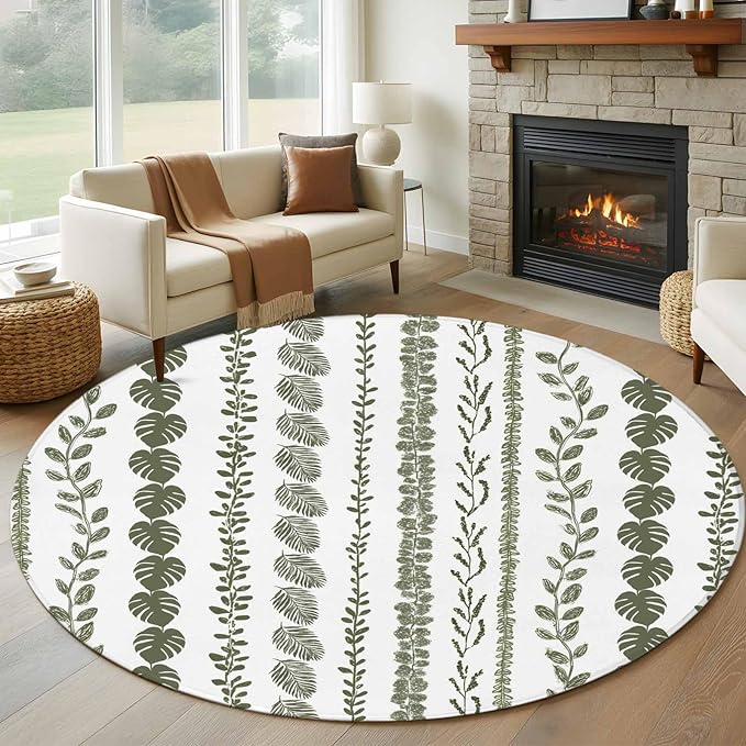 Washable Round Area Rug Summer Tropical Leaf Seamless Circle Rugs Floor Carpet for Living Room Bedroom, Farmhouse Green Leaves Plant Soft Non Slip Round Rug 5ft