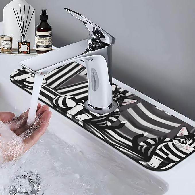 Black and White Striped Kitten Printed Faucet Absorbent mat, Suitable for bathrooms, Kitchens, and Other Sink Areas.