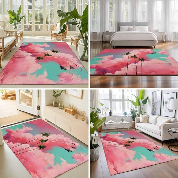 Area Rug 8x10ft, Summer Dreamy Pink Cloud Washable Rugs for Living Room Bedroom, Watercolor Tropical Palm Tree Soft Non-Slip Area Rugs Rectangle Floor Carpet for Dining Room