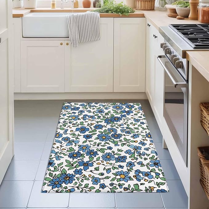 Area Rug 2x3ft, Blue Tiny Flowers Green Leaves Washable Rugs for Living Room Bedroom, Farmhouse Botanical Soft Non-Slip Area Rugs Rectangle Floor Carpet for Dining Room