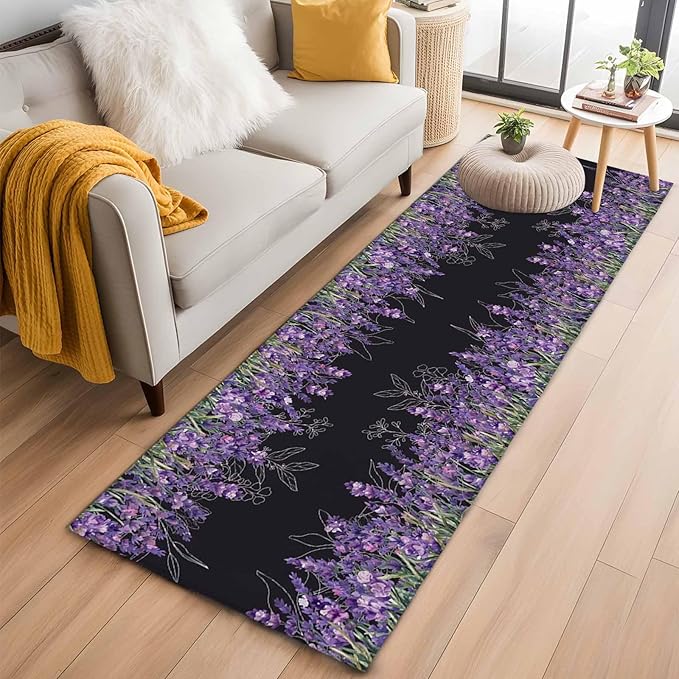 Runner Rug for Bedroom Hallway, Spring Purple Lavender Flower Kitchen Runner Rugs Area Rug 2x6ft, Watercolor Floral on Black Washable Soft Floor Carpet for Entryway Stair