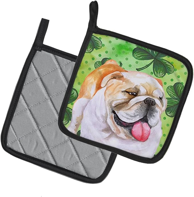 Caroline's Treasures BB9813PTHD English Bulldog St Patrick's Pair of Pot Holders, Green Kitchen Heat Resistant Pot Holders Sets Oven Hot Pads for Cooking Baking BBQ, 7 1/2 x 7 1/2