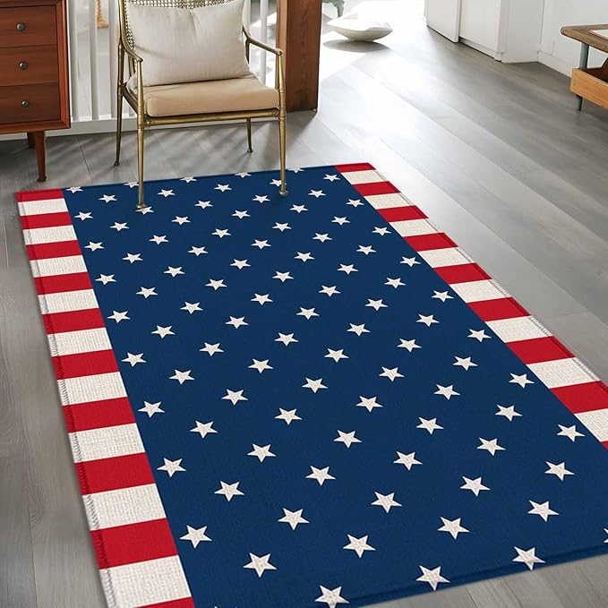 Area Rug 4x6ft, American Independence Day Washable Rugs for Living Room Bedroom, USA Stars on Blue Red White Border Soft Non-Slip Area Rugs Rectangle Floor Carpet for Dining Room