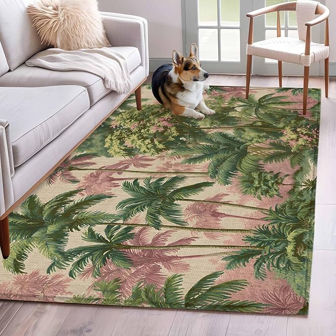 Area Rug 4x6ft, Exotic Forest Green Pink Palms Tree Washable Rugs for Living Room Bedroom, Vintage Botantical Soft Non-Slip Area Rugs Rectangle Floor Carpet for Dining Room