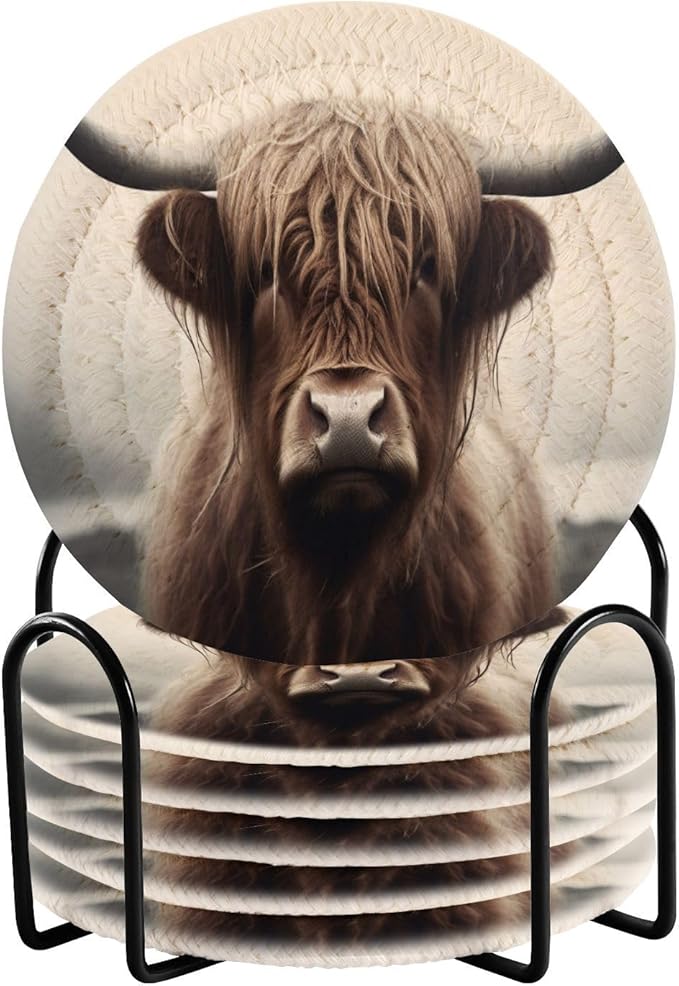 YETTASBIN Highland Cow 6 Pcs Drink Coasters with Holder, Cotton Woven Absorbent Heat-Resistant Round Coaster Non-Slip Table Mat for Kitchen Bar Home Decor Housewarming Gift, 3.9 in