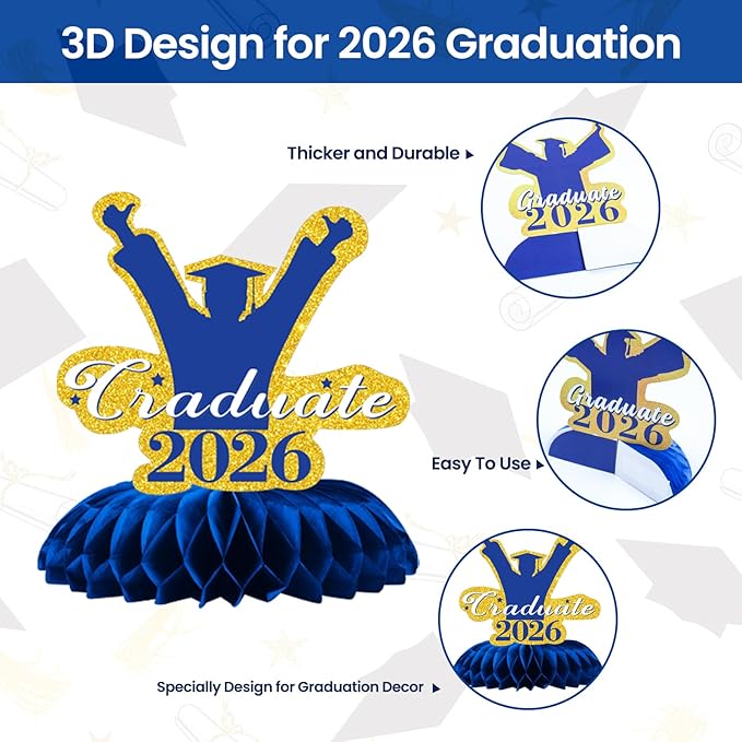 Class of 2026 Graduation Decorations - 9PCS Blue Gold Table Centerpieces, 2026 Congrats Grad Honeycomb Centerpieces Table Decor for Graduation Party Supplies