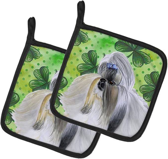 Caroline's Treasures BB9840PTHD Shih Tzu St Patrick's Pair of Pot Holders, Green Kitchen Heat Resistant Pot Holders Sets Oven Hot Pads for Cooking Baking BBQ, 7 1/2 x 7 1/2