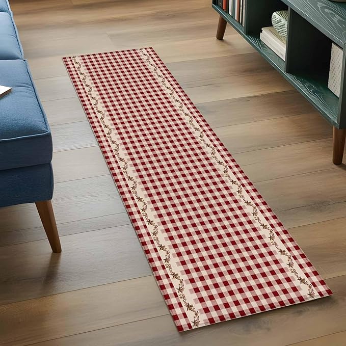 Runner Rug for Bedroom Hallway, Vintage Red Buffalo Plaid Berry Kitchen Runner Rugs Area Rug 2x6ft, Farmhouse Western Star Washable Soft Floor Carpet for Entryway Stair