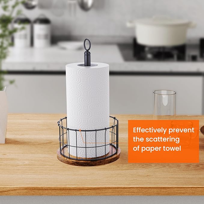 Homode Paper Towel Holder Stand, Countertop Paper Towel Holder with Weighted Base, Farmhouse Standing Paper Towel Roll Dispenser for Kitchen Counter, Fits Standard or Jumbo-Sized Rolls, Rustic Brown
