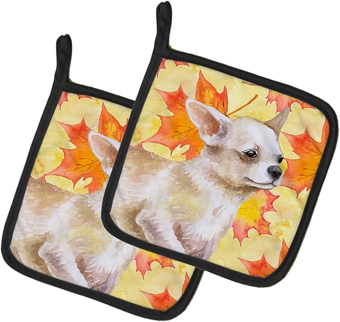 Caroline's Treasures BB9958PTHD Chihuahua Leg up Fall Pair of Pot Holders, Yellow Kitchen Heat Resistant Pot Holders Sets Oven Hot Pads for Cooking Baking BBQ, 7 1/2 x 7 1/2