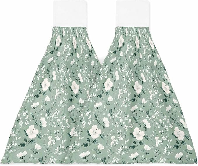 Alandar Home Kitchen Tie Towel Set of 2, Watercolor White Camellia Absorbent Soft Hand Towels for Bathroom Hanging Towels, Floral on Green Background Fast Drying Cleaning Cloth with Loop
