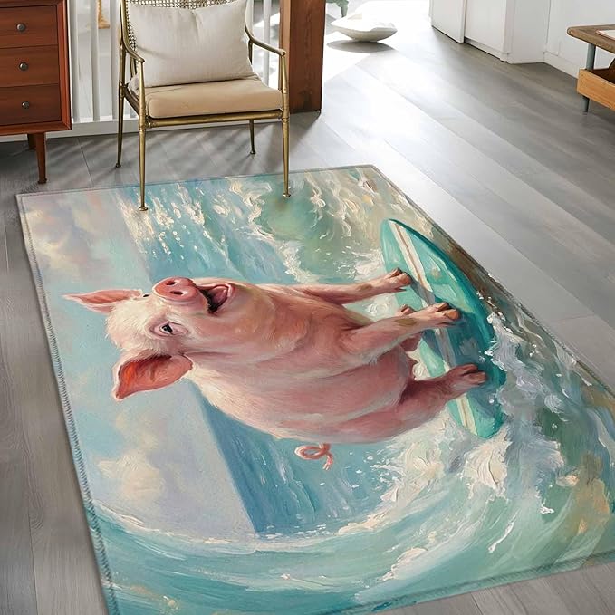 Area Rug 3x5ft, Surfing Farm Pink Pig Washable Rugs for Living Room Bedroom, Summer Blue Sea Wave Beach Soft Non-Slip Area Rugs Rectangle Floor Carpet for Dining Room