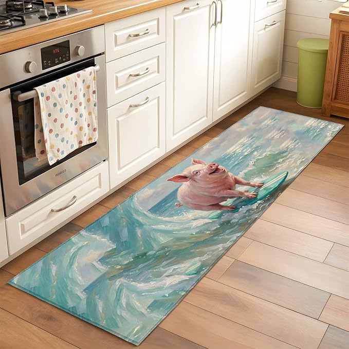 Runner Rug for Bedroom Hallway, Surfing Farm Pink Pig Kitchen Runner Rugs Area Rug 2x6ft, Summer Blue Sea Wave Beach Washable Soft Floor Carpet for Entryway Stair