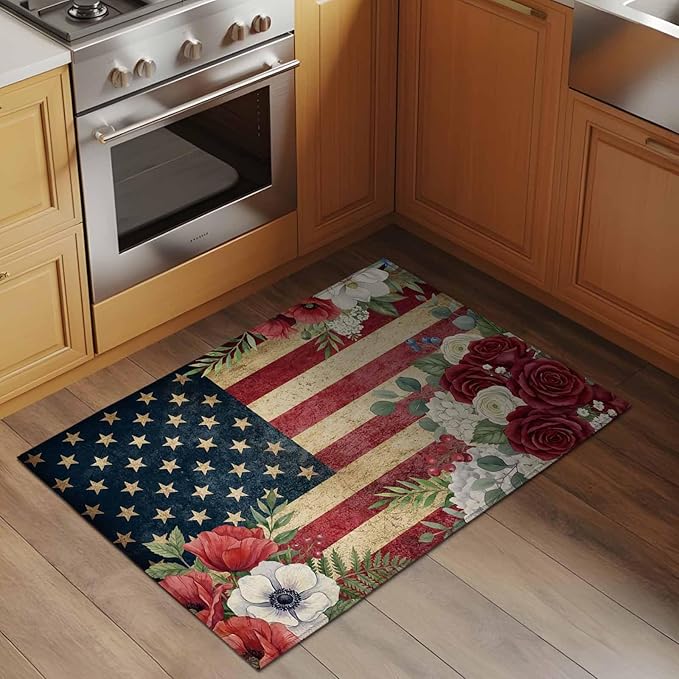 Area Rug 2x3ft, Independence Day 250th Anniversary Washable Rugs for Living Room Bedroom, Vintage USA Flag Floral Soft Non-Slip Area Rugs Rectangle Floor Carpet for Dining Room