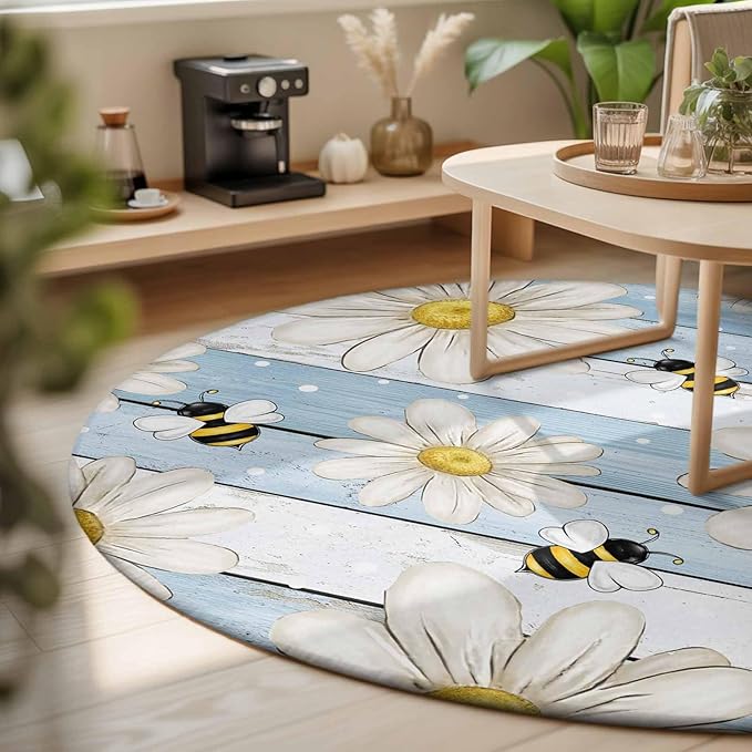 Washable Round Area Rug Watercolor White Daisy Floral Bee Circle Rugs Floor Carpet for Living Room Bedroom, Rustic Light Blue Wood Plank Soft Non Slip Round Rug 3ft