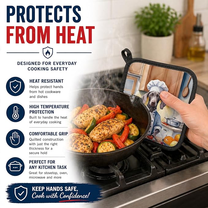 Caroline's Treasures Weimaraner The Chef Pair of Pot Holders Kitchen Heat Resistant Pot Holders Sets Oven Hot Pads for Cooking Baking BBQ, 7 1/2 x 7 1/2