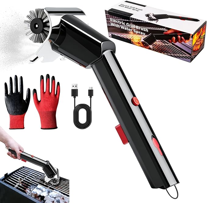 Electric Grill Brush with Water Spray & LED Light, 2600mAh Rechargeable BBQ Cleaner with 2 Speed Modes, 100 Mins Runtime, 304 Stainless Steel Heat Resistant Grill Brush for Outdoor Camping