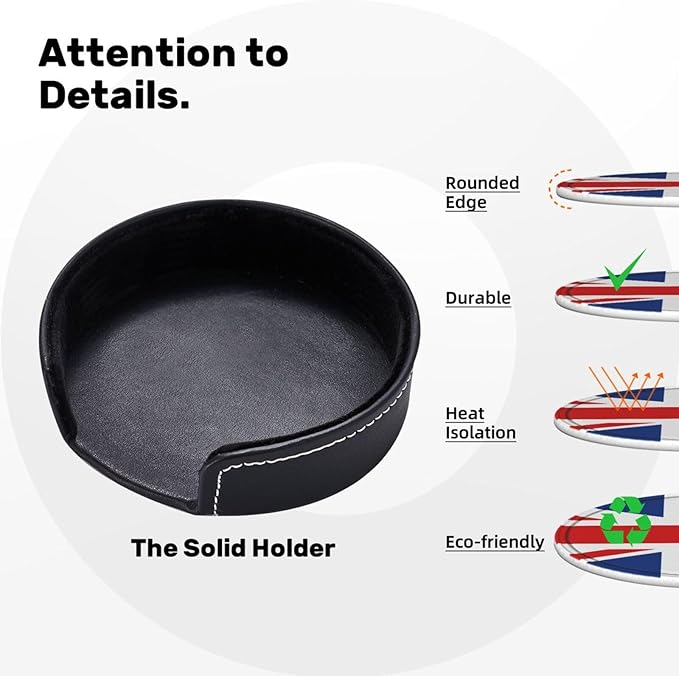 United Kingdom Flag Leather Drinks Coasters with Holder, Set of 6, Suitable for Various Cups