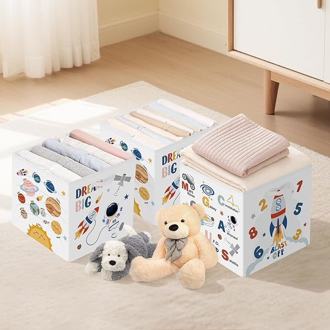 Clastyle Education Storage Cube Organizer Set Handle Closet Clothes Cube with Metal Frame Foldable Parents Organizer Storage Basket for Book Toy,Space,11.8x11.8x11.8 in