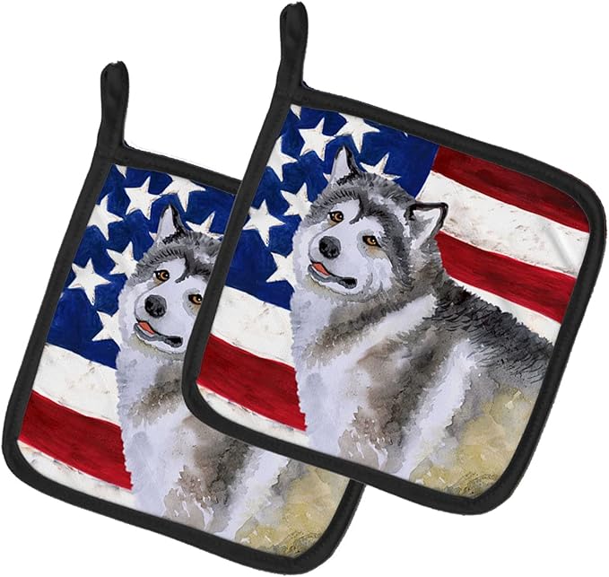 Caroline's Treasures BB9638PTHD Alaskan Malamute Patriotic Pair of Pot Holders Kitchen Heat Resistant Pot Holders Sets Oven Hot Pads for Cooking Baking BBQ, 7 1/2 x 7 1/2