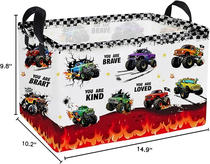 Essme Rectangular Kids Baskets,Monster Truck Storage Box,Cute Basket for Kids with Handles for Room Decor, Book Bins,Shelf Basket.(Flame truck)