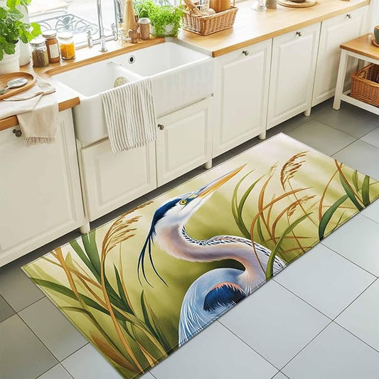 Runner Rug for Bedroom Hallway, Natural Bird Wetland Landscape Kitchen Runner Rugs Area Rug 2x6ft, Wild Heron Grass Washable Soft Floor Carpet for Entryway Stair